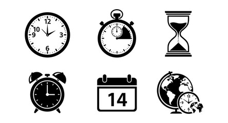 Time management icons: clocks, calendar, hourglass, global time concepts