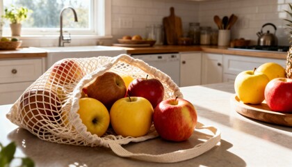 Open paper bag with apples inside in sunlit kitchen, fresh welcoming mood, lifestyle photography