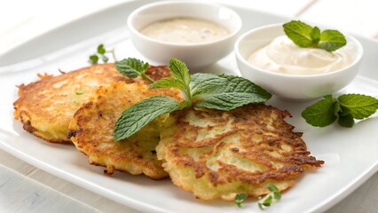 Delicious potato pancakes with sour cream and mint on a white plate, isolated on white background
