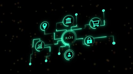 ROI Return on investment financial ,concept with neon icons on black return on , business, finance, and marketing strategy .