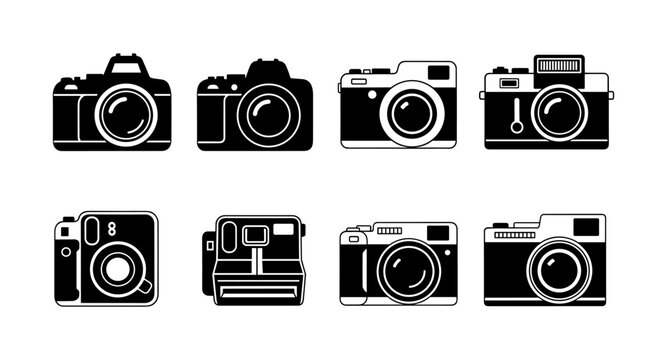 Stylish camera icons set: modern black and white designs for photography enthusiasts