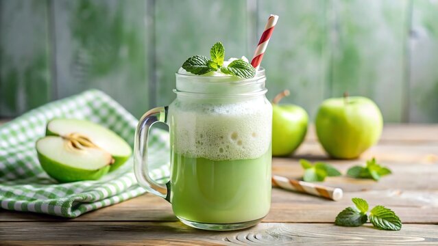 Refreshing green apple smoothie with mint in a mason jar on a rustic wooden table