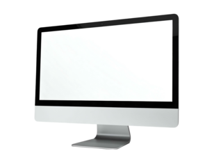 Minimalist desktop computer with blank screen, isolated on black