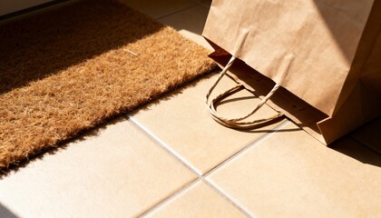 Shopping bag left by entry mat in warm morning light, calm lived-in mood, photorealistic style