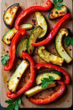 Tiras de calabac&iacute;n y pimiento rojo asadas al horno