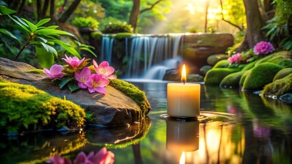 Serene candle floating on water with pink flowers and a waterfall in a tranquil forest