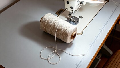 Unraveled thread on sewing table under soft lamp light, homey mood, realistic indoor photography