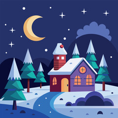 Naklejka premium Colorful winter forest illustration with stylized leaves, snowflakes, and cool blue tones.