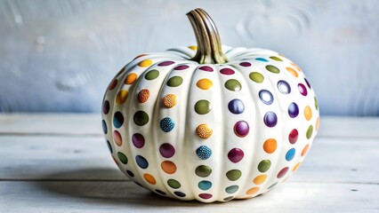 White pumpkin decorated with colorful polka dots, isolated on white background