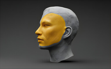 3D rendering of a human head in profile with a golden highlighted face.