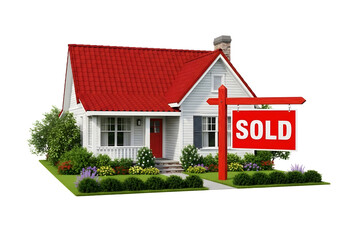 White house with red roof and sale sign isolated on transparent background