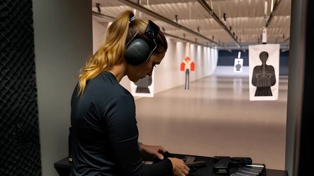 Young Woman in Ear Protection Firing a Handgun at an Indoor Shooting Range