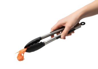 Hand holding kitchen tongs with cooked shrimp isolated on transparent background