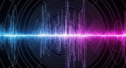 Obraz premium neon background of glowing sound waves visualization on black. Futuristic music waves or neon radar
