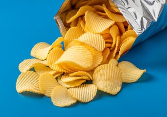 Crispy golden ruffled potato chips spilling from an open silver bag onto a vibrant blue background