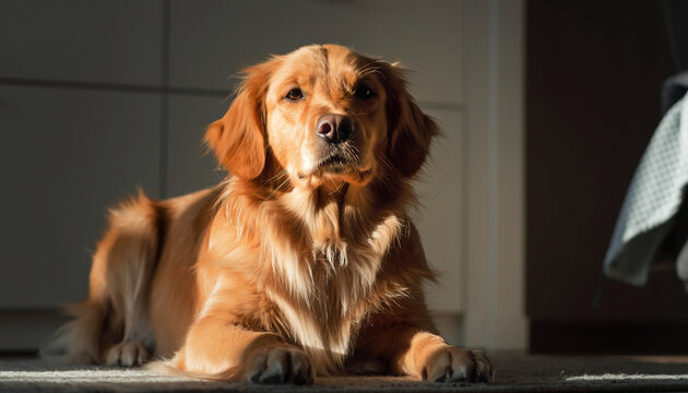Golden retriever dog resting indoors with sunlight. - Powered by Adobe