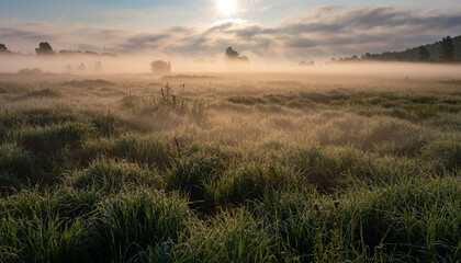 Misty meadow at sunrise with sunbeams filtering through clouds.