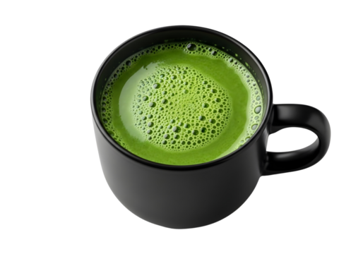 Black mug filled with frothy green matcha tea isolated on transparent background