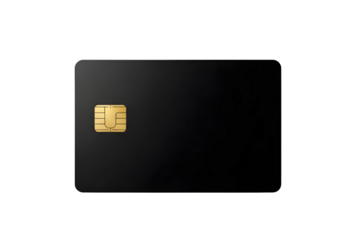 Black credit card with gold chip isolated on transparent background