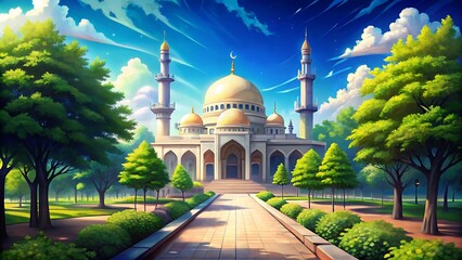 Grand mosque with golden dome and minarets surrounded by lush green trees under a vibrant blue sky