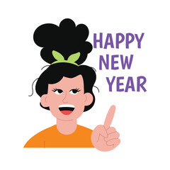 Girl saying Happy New Year vector sticker illustration.