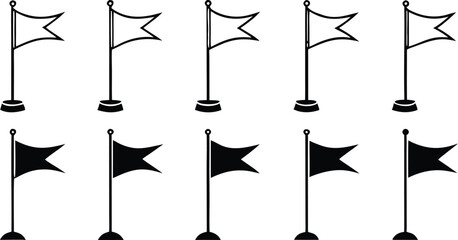 Stylized pennant flag icons, five outline and five solid black, on poles with bases, for marking locations or goals.