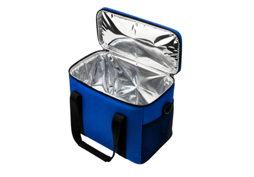 Blue insulated cooler bag with open lid isolated on transparent background