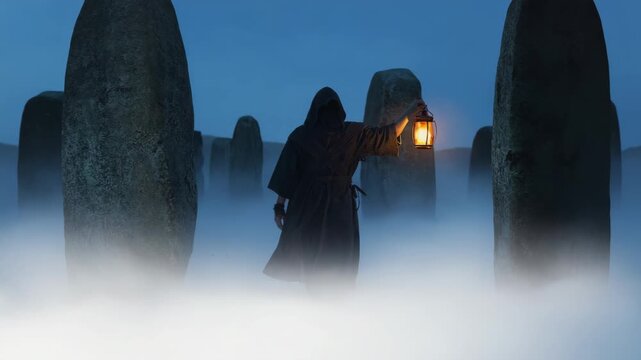 Mysterious hooded figure holding a glowing lantern walks through an ancient stone circle at night. A fantasy concept of a lonely pilgrim on a mystical quest in a foggy landscape