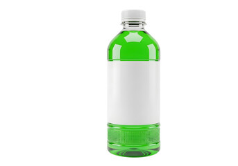Green liquid in a clear plastic bottle with a blank label isolated on transparent background
