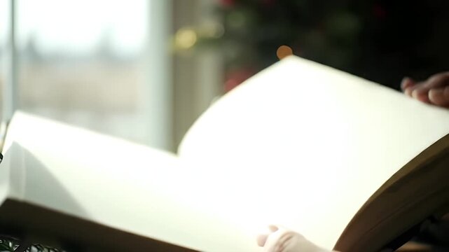 Womans hands reading a notebook.