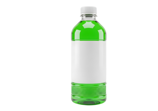 Green liquid in a clear plastic bottle with a blank label isolated on transparent background