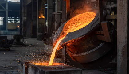 Molten metal pouring into a mold in a factory.
