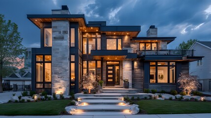 Obraz premium Luxury modern two-story house features warm interior lighting glowing at dusk with a manicured lawn and stone pathway under a blue sky.