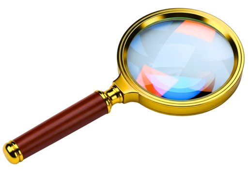 Antique magnifying glass with colorful reflection isolated on transparent background
