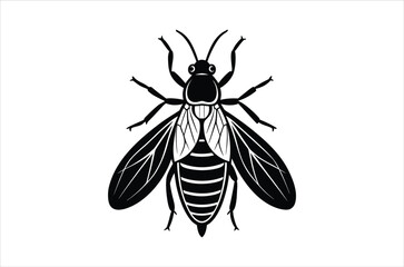 A detailed black and white illustration of a bee with spread wings