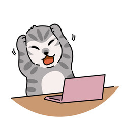 Fun grey cat frustrated while working on laptop.