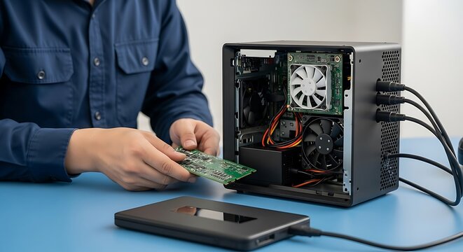 Installing circuit board into open compact PC. Computer hardware assembly, upgrade, or repair on a blue desk.