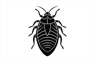 A simple black and white illustration of a stylized bed bug insect
