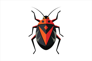 A stylized illustration of a red and black insect with prominent antennae
