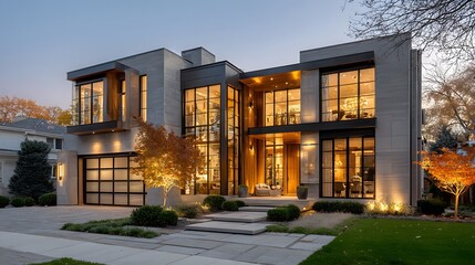 Obraz premium Luxury modern two-story house features warm interior lighting glowing at dusk with a manicured lawn and stone pathway under a blue sky.