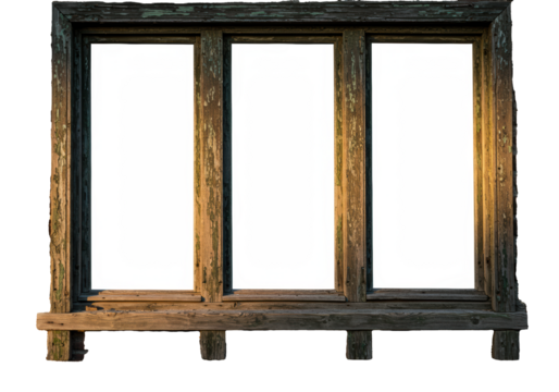 rustic dark triptych window frame with coarse grain and peeling sage paint on a rough brown brick wall, sharp focus on the weathered sill and transparent copy space interior. concept of historical