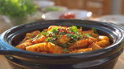 Steaming hot dish of spicy rice cakes with herbs and spices served in a traditional black pot, perfect for Asian cuisine enthusiasts and food lovers alike.