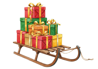 Vintage wooden sled piled high with richly wrapped gifts and ribbons, dark cherry wood runners, rendered in watercolor on a transparent background. concept of nostalgic holiday tradition