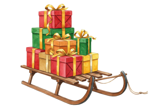 Vintage wooden sled piled high with richly wrapped gifts and ribbons, dark cherry wood runners, rendered in watercolor on a transparent background. concept of nostalgic holiday tradition