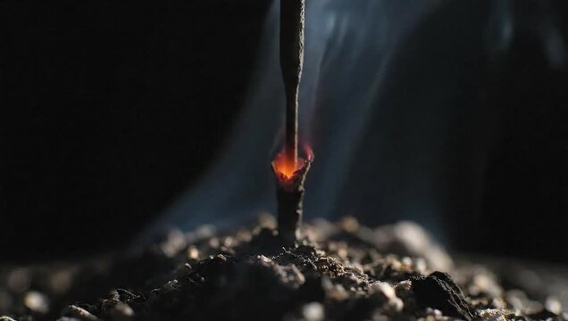 Close-up shot of a burning fuse with smoke rising against a dark background, symbolizing initiation and slow burning