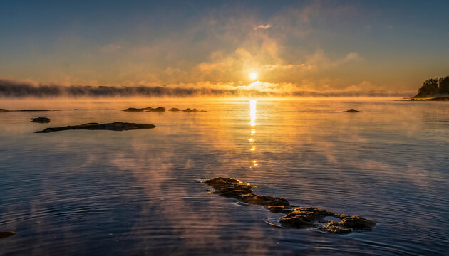 Sunrise over misty water with rocks and distant shore.