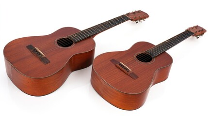 Obraz premium Two acoustic guitars symmetrically arranged on a clean white background. tutorial guides, club newsletters, designed for tourism and weekend activity guides.