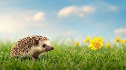 Hedgehog garden grass yellow flower nature sky outdoor cute animal