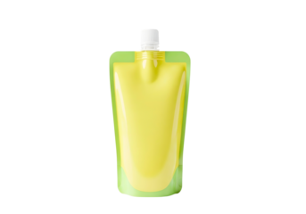 Yellow squeeze pouch with white cap isolated on transparent background