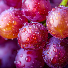 Close up view of grape skin with sparkling water drops in sharp macro detail
